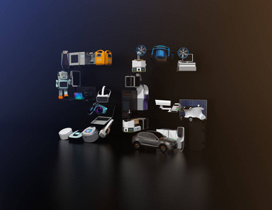 藍色背景上的智能設備?；ヂ摼W的東西和家庭自動化的概念。消費產品。3d 渲染圖像